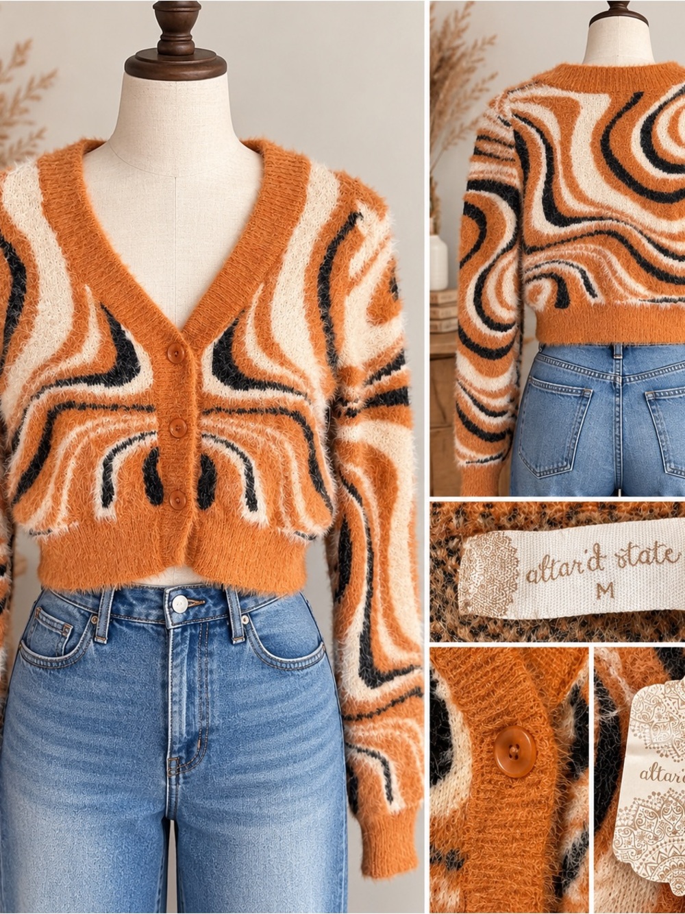 Altar’d State M Fuzzy Swirl Cropped Cardigan Sweater Orange Cream Black Y2K
